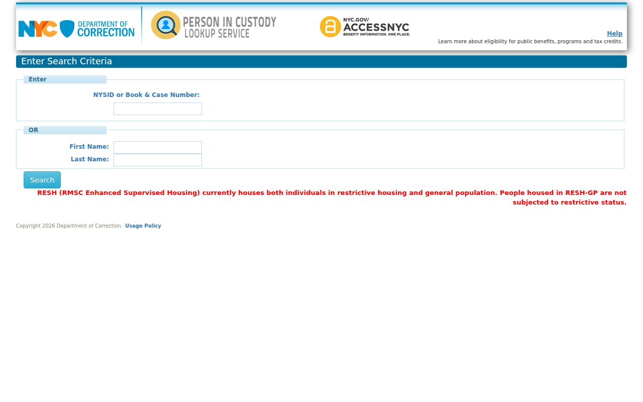 Kings County arrest search in the NYC DOC Person in Custody interface