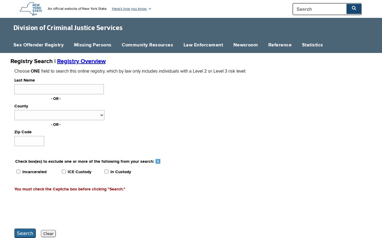 Kings County sex offender registry Level 2 and Level 3 search fields